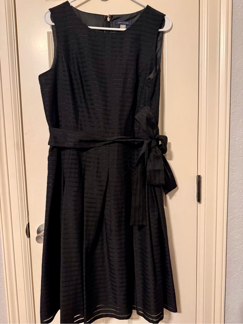 Tommy Hilfiger Black Midi Bow-Waist Fit and Flare Sleeveless Dress Size 12